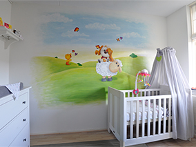 Muurschildering babykamer, muurschildering kinderkamer, babykamer muurschildering, muurtekening babykamer, kinderkamer muurschildering